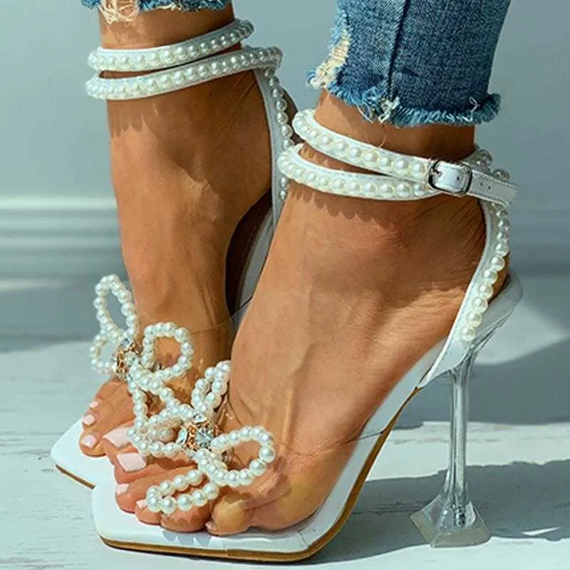 2021 Summer Women Casual Shoes Fashion Beach Wear White Sandals Beaded Bowknot Decor Square Toe Pyramid Party High Heels Y0714