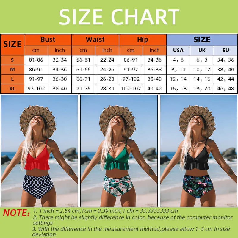 Sexig blommig Ruffled Hem Bikini Set Kvinnor V-nacke High-Waisted Två Piece Baddräkt Flicka Beach Badräkt Swimwear Biquinis 210629