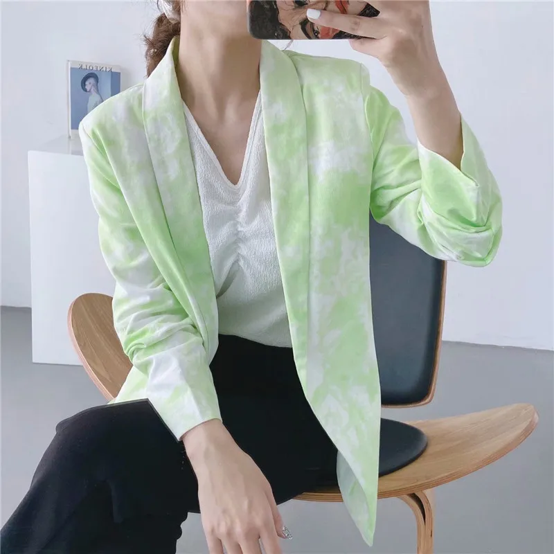 Women Tie-dye Green Blazer Female Three Quarter Sleeve Elegant Jacket Ladies Work Wear Suits 210430