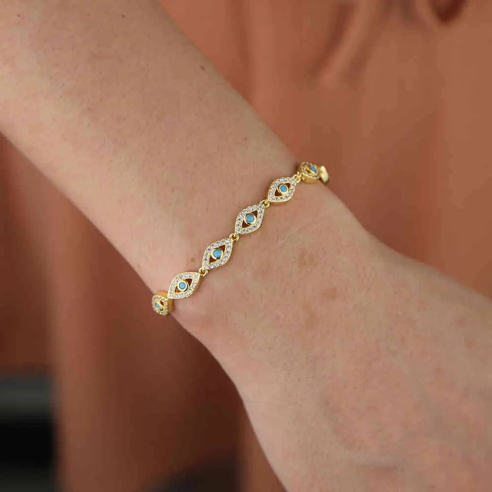 Guld fylld micro bana vit grön cz söt härlig turkisk ond öga lycklig smycken böhmen boho charm pärlstav armband