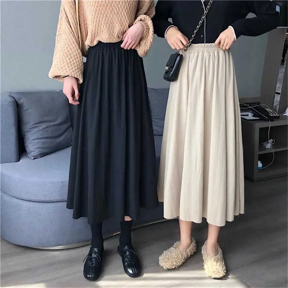 Vintage casual svart kjol kvinnors höst och vinter hög midja smal lång a-line koreansk harajuku enkel kjol streetwear 210619