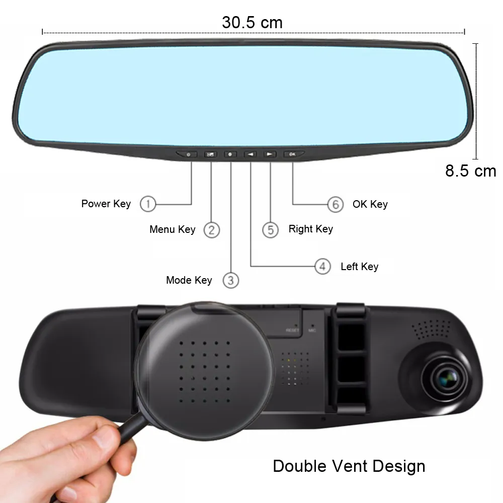 Addkey full hd 1080p carro dvr câmera auto 4.3 polegadas retrovisor espelho Dash digital gravador de vídeo dual lente filmadora registradora