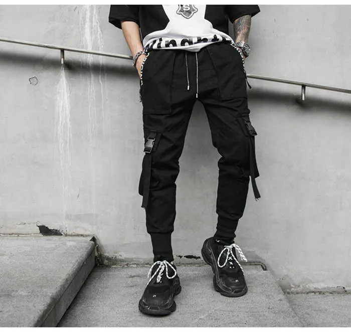 Wiosna Hip Hop Joggers Mężczyźni Czarny Harem Spodnie Multi-Pocket Wstążki Człowiek Spodnie Dysfunda Streetwear Casual Mens Pant 210714