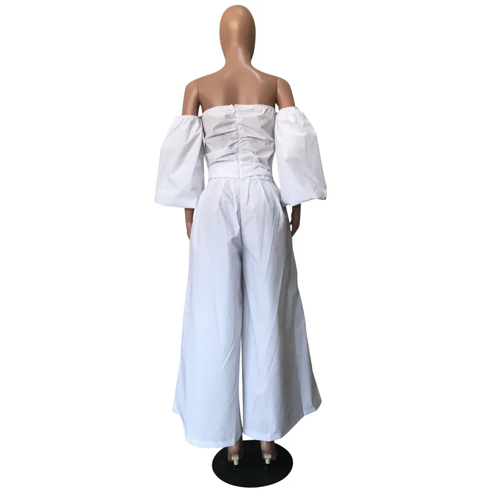 Vit Off Shoulder Jumpsuit Vida ben Lösa puffärmar med midjebälte Dammode Dammode Kvinnlig Vår Sommar Playsuits Romper 210416