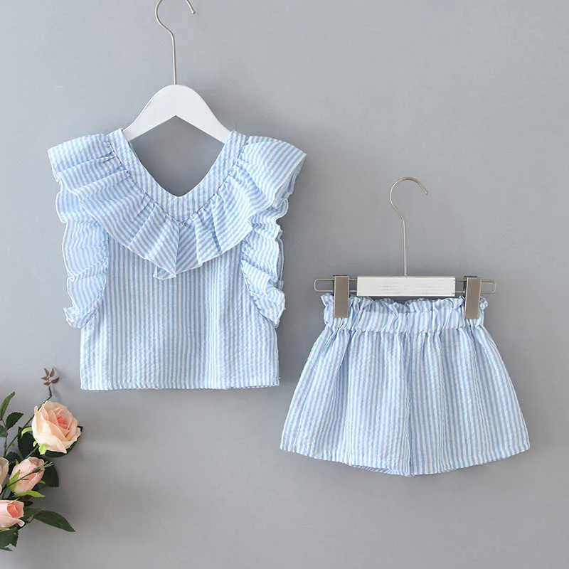 Mizah Ayı Kız Giyim Seti 2020 Kore Yaz Yeni Çizgili Fırfır Üst T-Shirt + Pantolon Çocuklar Suit Toddler Bebek Çocuk Giysileri X0902