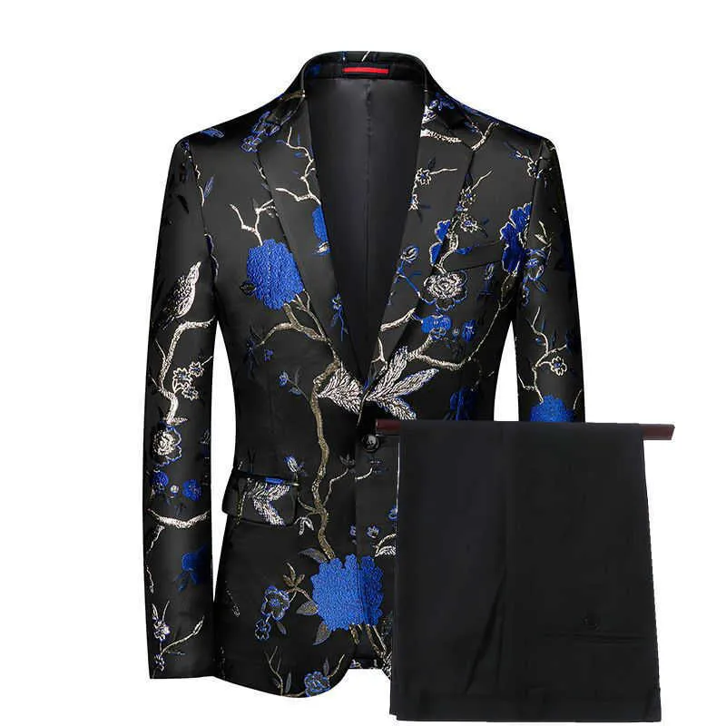 2021 bleu royal marié hommes costumes pour bal Slim Fit Jacquard mariage smoking 2 pièces mâle mode costume personnalisé Blazer pantalon noir X0909