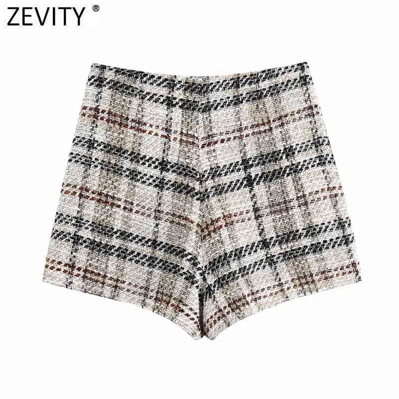 Femmes Vintage Taille Haute Plaid Imprimer Boutons Tweed Shorts Jupes Lady Side Zipper Chic Casual Slim Pantalone Cortos P1027 210420