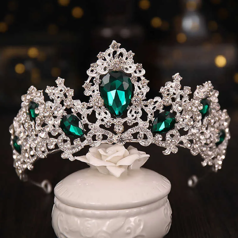 Barok Lüks Gümüş Renk Kırmızı Yeşil Kristal Gelin Tiaras Taçlar Pageant Diadem Kafa Düğün Saç Aksesuarları 210701