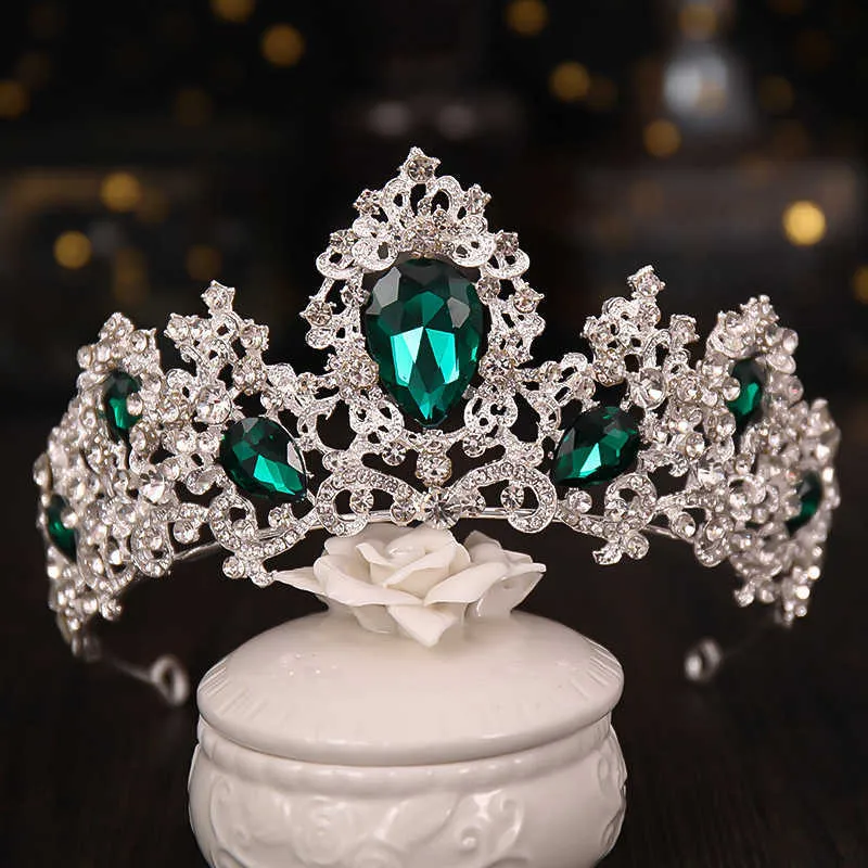 Barok Lüks Gümüş Renk Kırmızı Yeşil Kristal Gelin Tiaras Taçlar Pageant Kafa Bandı Düğün Saç Aksesuarları 210701253H