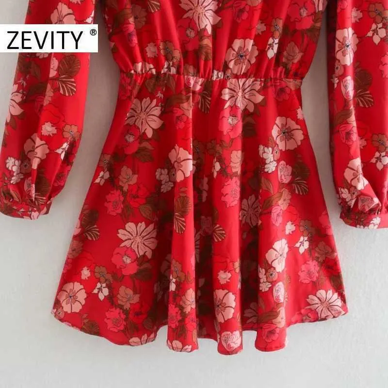 Zevity Femmes Mode Fleur Imprimer Chemise Rouge Bureau Dames À Manches Longues Noeud Papillon Une Ligne Robe Chic Marque Mini Robes DS4529 210603