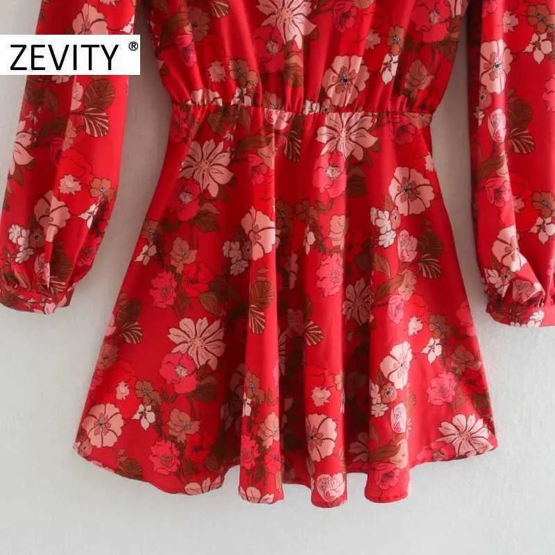 ZEVITY women fashion flower print red shirtdress office ladies long sleeve bow tie a line vestido chic brand mini dresses DS4529 210603