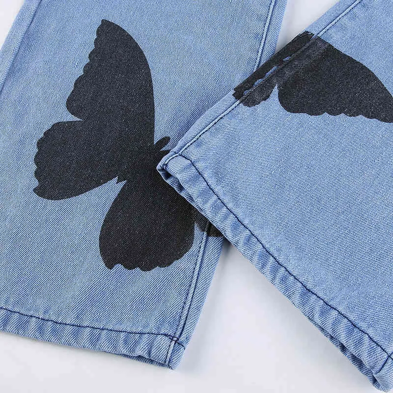 streetwear papillon imprimé jeans femmes printemps taille haute lâche droite denim pantalon femme marée 5C753 210427