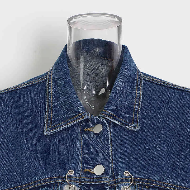 Catene Tassel Patchwork Design Giacca di jeans High Street Colletto rovesciato Manica lunga Cappotto donna Fashion Chic Crop Top 210519
