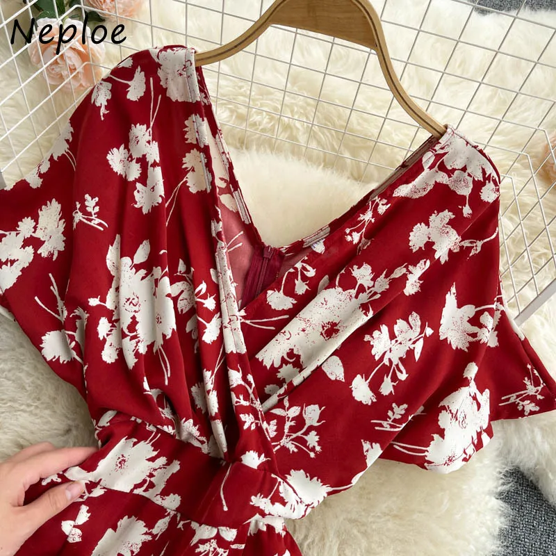 Monos bohemios con estampado de vacaciones de Neploe, monos de pierna ancha y cintura alta para mujer, pulóver de manga corta con cuello en V, bata de verano 210423