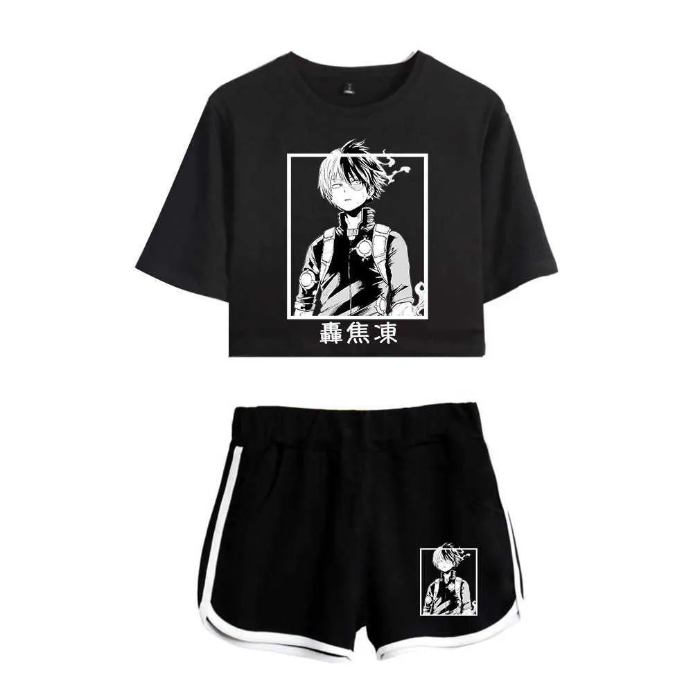 Hot Cute Print My hero academia Exposed Navel White T-shirt + Black Shorts Ensembles deux pièces pour femmes Casual Girl's Summer Suits Y0702