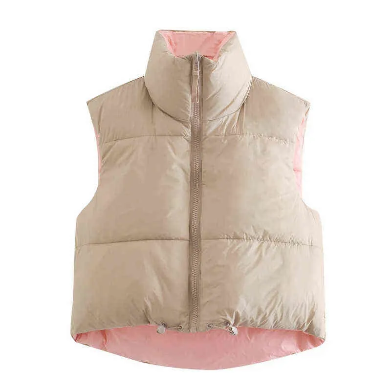 Elegante dolce rosa doppia usura gilet corto con coulisse cappotto moda donna colletto alla coreana gilet con cerniera 211105