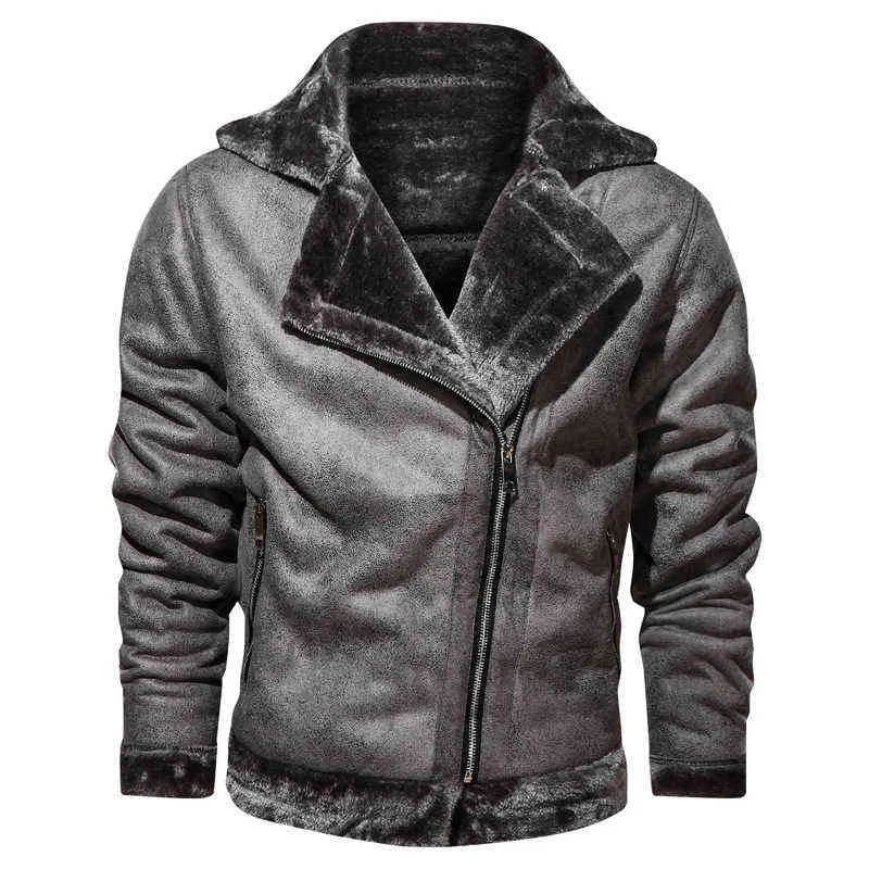 Fleece Leather Jacket Men Winter Vintage Fur Collar PU Leather Jackets Brown Coat Men Thick Warm Lined Turn Down Collar Parkas 211110