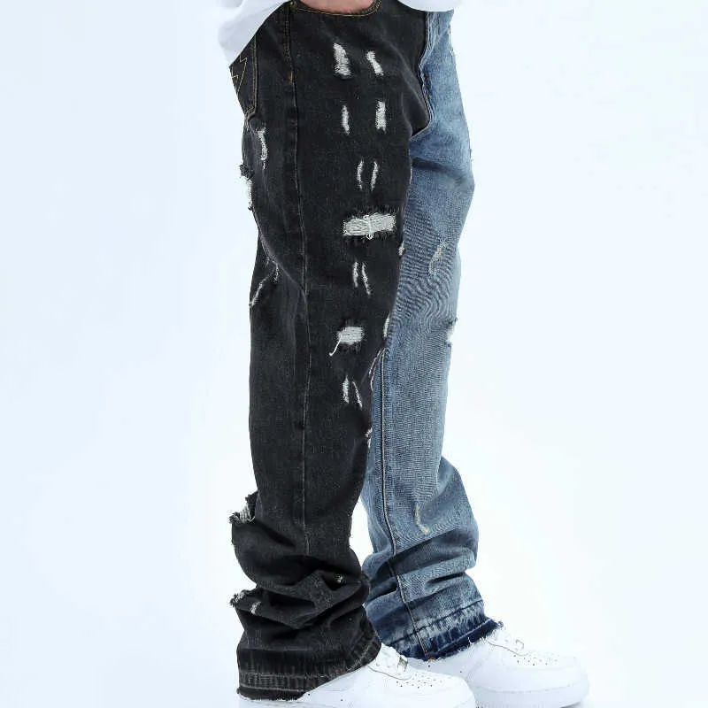 Siyah Mavi Patchwork Flared Jeans Streetwear Hip Hop Geniş Bacak Kot Yıkama Yırtık Erkekler Colorblocked Denim Kot Vintage C0607