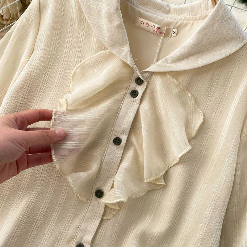 Frauen Mode Retro Frühling V-ausschnitt Lange Ärmel Lose Dünne Hemd Holz Ohr Elegante Vintage Bluse Tops R191 210527