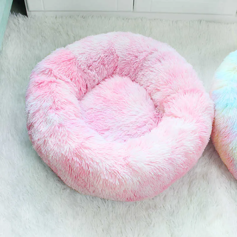 Deep sleep cat bed house pet cat kennel round long plush winter warm nest pad dog bed Teddy rainbow colors Cat Supplies 210722