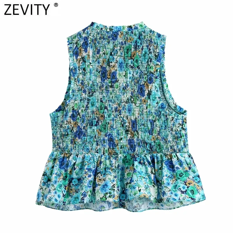 Women Sweet Floral Print Elastic Slim Short Smock Blouse Female Sleeveless Vest Shirts Chic Hem Ruffles Crop Tops LS9269 210420