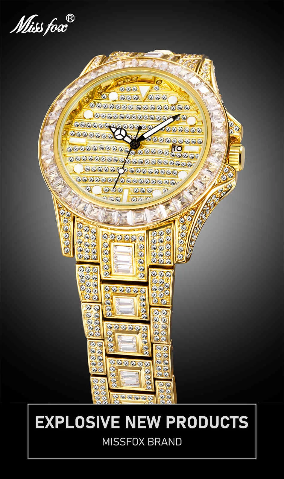 Missfox Gekleurde Diamanten Top Mannen Horloges Volledige Diamond Hip Hop Mode Mannelijke Quartz Iced Out Bling AAA Watch Date Jewelry Clocks
