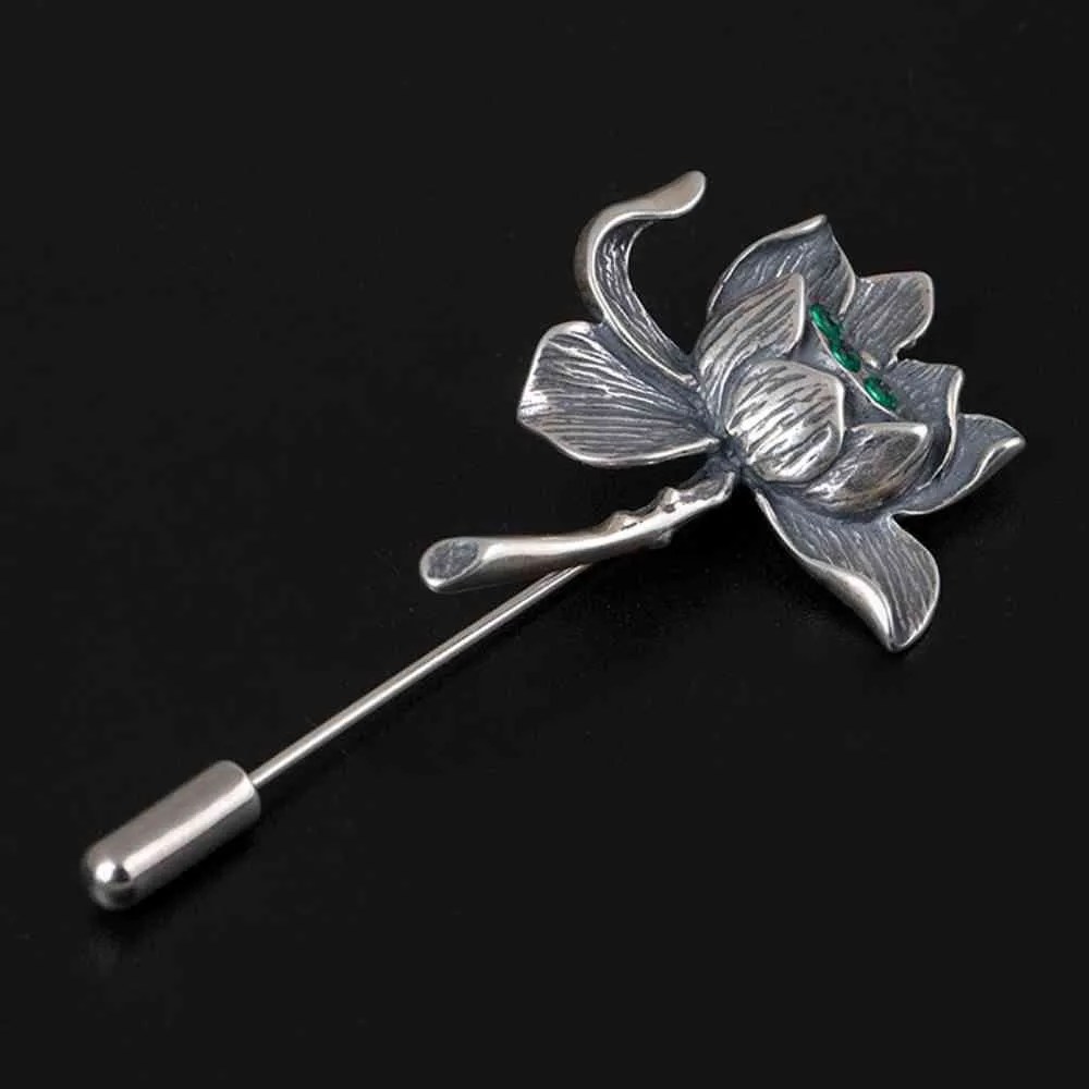 Personalized Antique 925 Sterling Silver Flower Finery Pin green zircon Lotus Men Suit Accessories Wedding Brooch