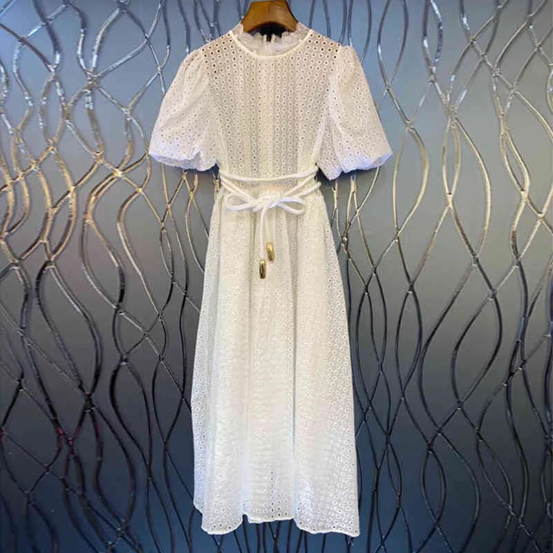 Vestido azul ahuecado para mujer, cuello levantado, manga abullonada, cintura alta, con cordones, vestidos de temperamento, moda femenina 210520