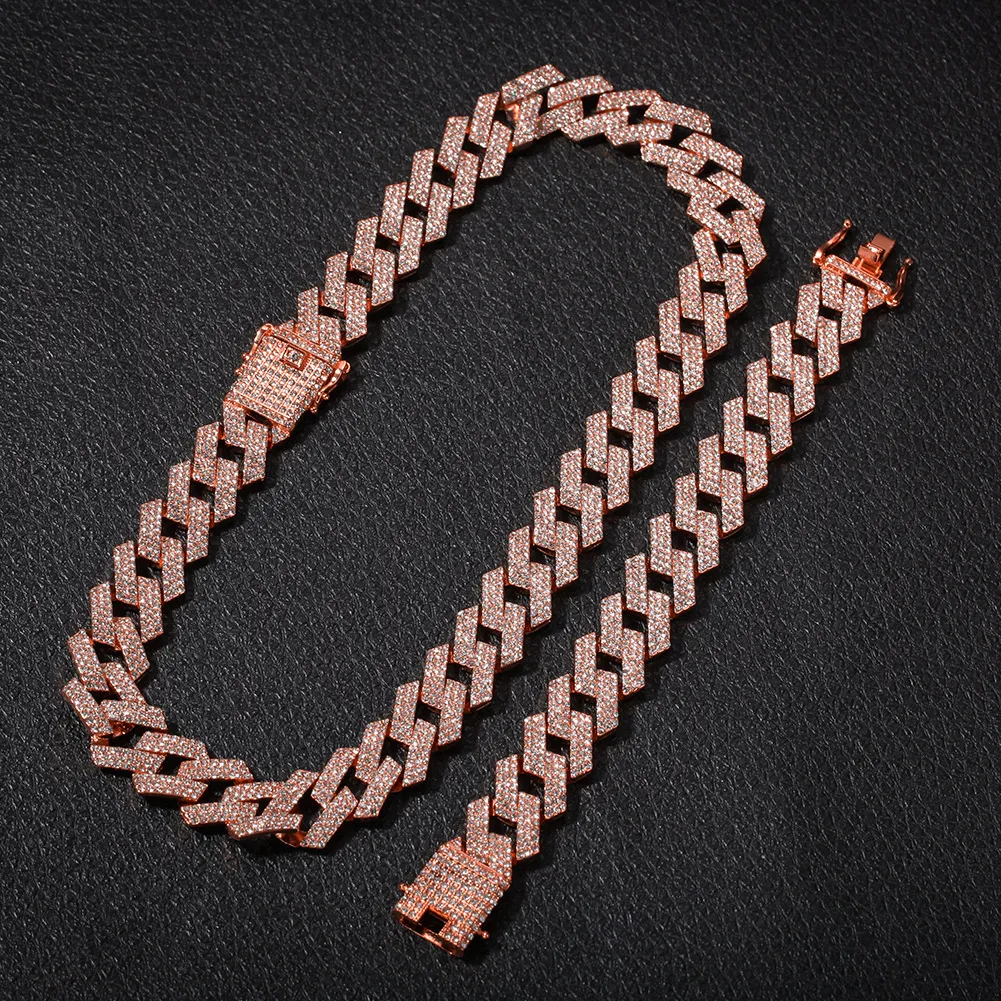 Iced Out Miami Cuban Link Chain Mens Rose Gold Chains Grosso Colar Pulseira Moda Hip Hop Jewelry288B