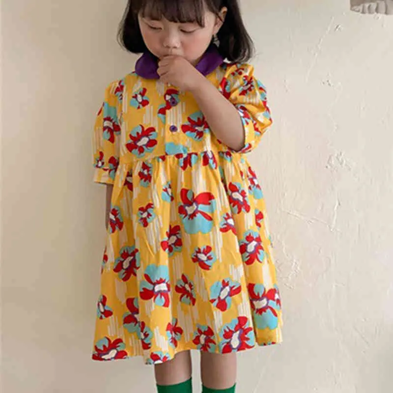 Letnia Dress Moda Krótki rękaw Lalki Kołnierz Kwiatowy Księżniczka Słodkie dziecko Ubrania Dziewczyna 210515