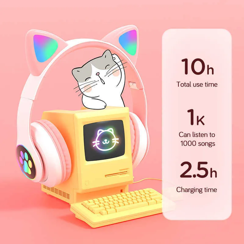 Flash Light Cute Cat uszy bezprzewodowe słuchawki z mikrofonem mogą kontrolować LED Dziewczęta stereo Telefon Muzyka zestaw słuchawkowych Bluetooth Gamer Prezent7805677