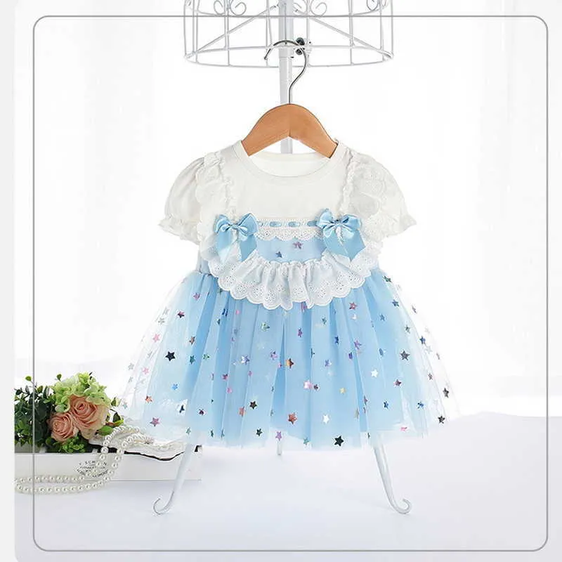 Verão crianças meninas vestido laço arco estrelado céu princesa vestidos estilo bonito crianças roupas e9209 210610