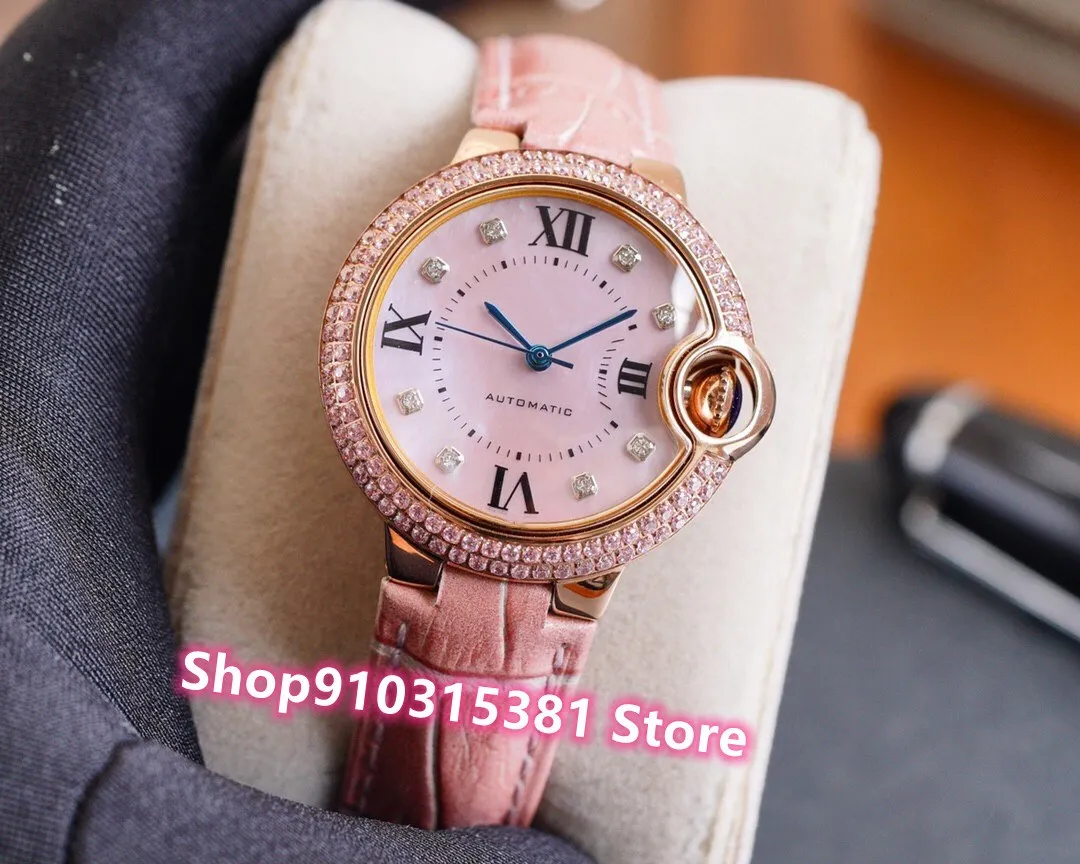 Top Marke Edelstahl Römische Zahl Uhren Frauen Geometrische Rosa Leder Armbanduhr Weibliche Voll Platz Diamant uhr 33mm