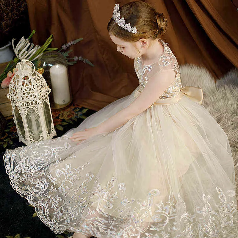 Tjejer klänning blomma mesh broderi julkula klänning bröllopsklänningar för barn prinsessan tonåringar ädla catwalk kostymer g1218
