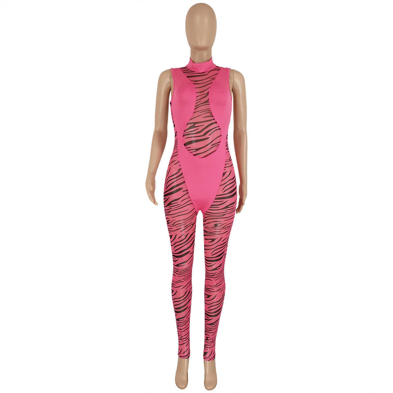Kvinnor Mesh Splicing Jumpsuits Design Stand Neck Ärmlös Striped Utskrift 2022 Vår Sexig Bodysuit