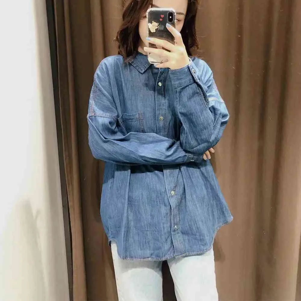 autunno donna camicie in denim stile boyfriend jeans lunghi oversize moda top streetwear button down Alta qualità 210520