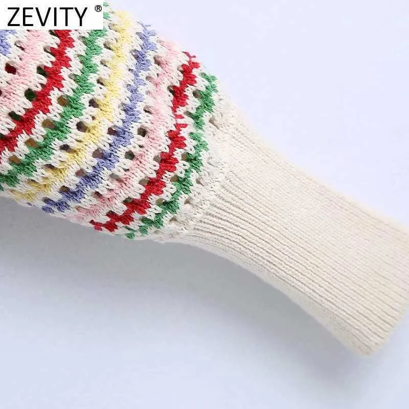 Zevity Women Rainbow Striped Print Hollow Out Crochet Knitted Sweater Coat Female Chic Breasted Jacquard Cardigan Tops SW803 210806