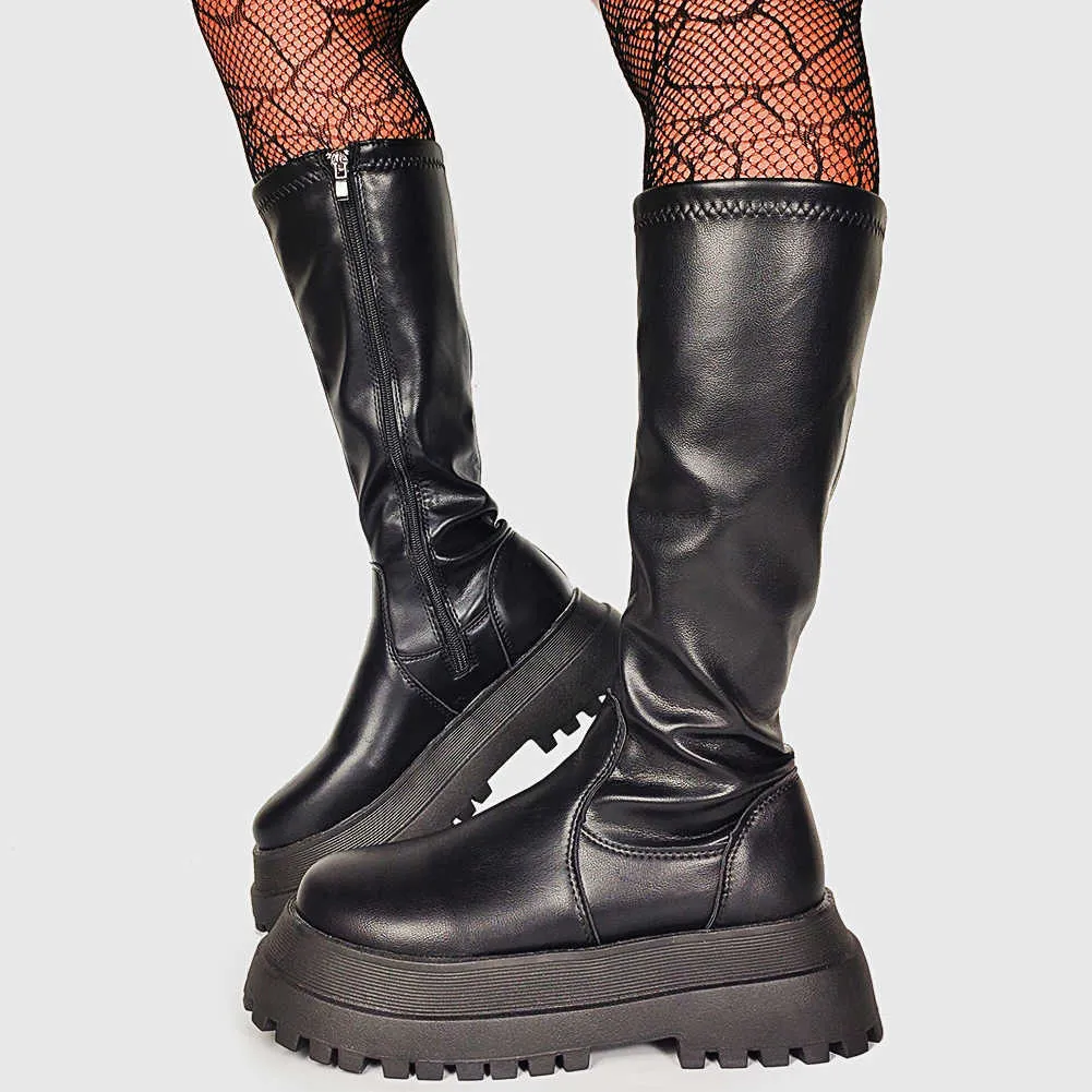 Brand New Chunky Plataforma Outono Botas de Inverno Mulheres Sapatos Moda Cool Street Gothic Black Riding Boots sapatos Calçado Y0914