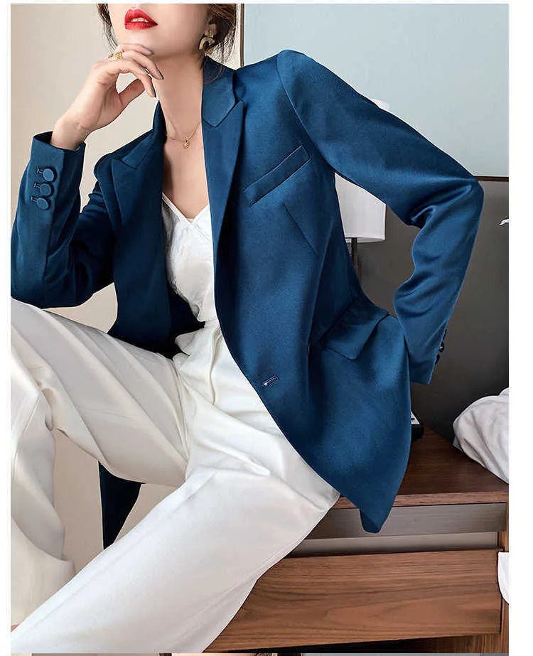 Blazer azul para mujer primavera otoño moda estilo coreano traje de satén de lujo chaqueta OL abrigo de trabajo ropa de abrigo femenina 210608