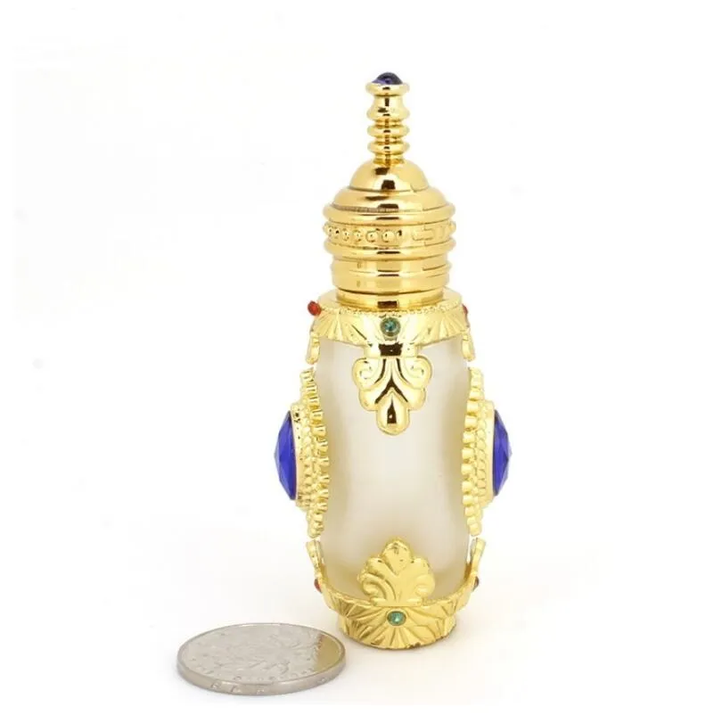 15ml Antiqued Metal Froste Glass Perfume Bottle Arab Style Essential Oils Bottle with Glass Dropper Middle East Bottle