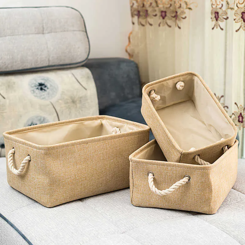 Linen Fabrics Folding Storage Boxes Bins With Rope Handles For Kids Toys Organizer Cabinet Clothes Basket Drawer Organizers 210922