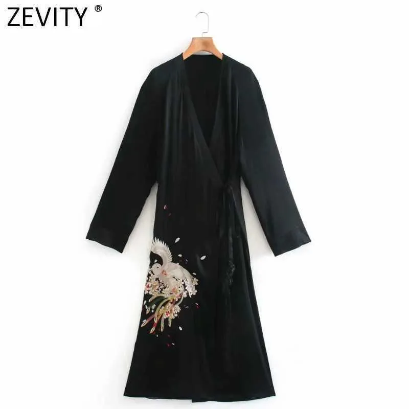 Zeefity Dames Vintage Cross V-hals Phoenix Borduurwerk Casual Kimono Midi Jurk Dames Chic Lace Up Black Vestido DS4947 210603