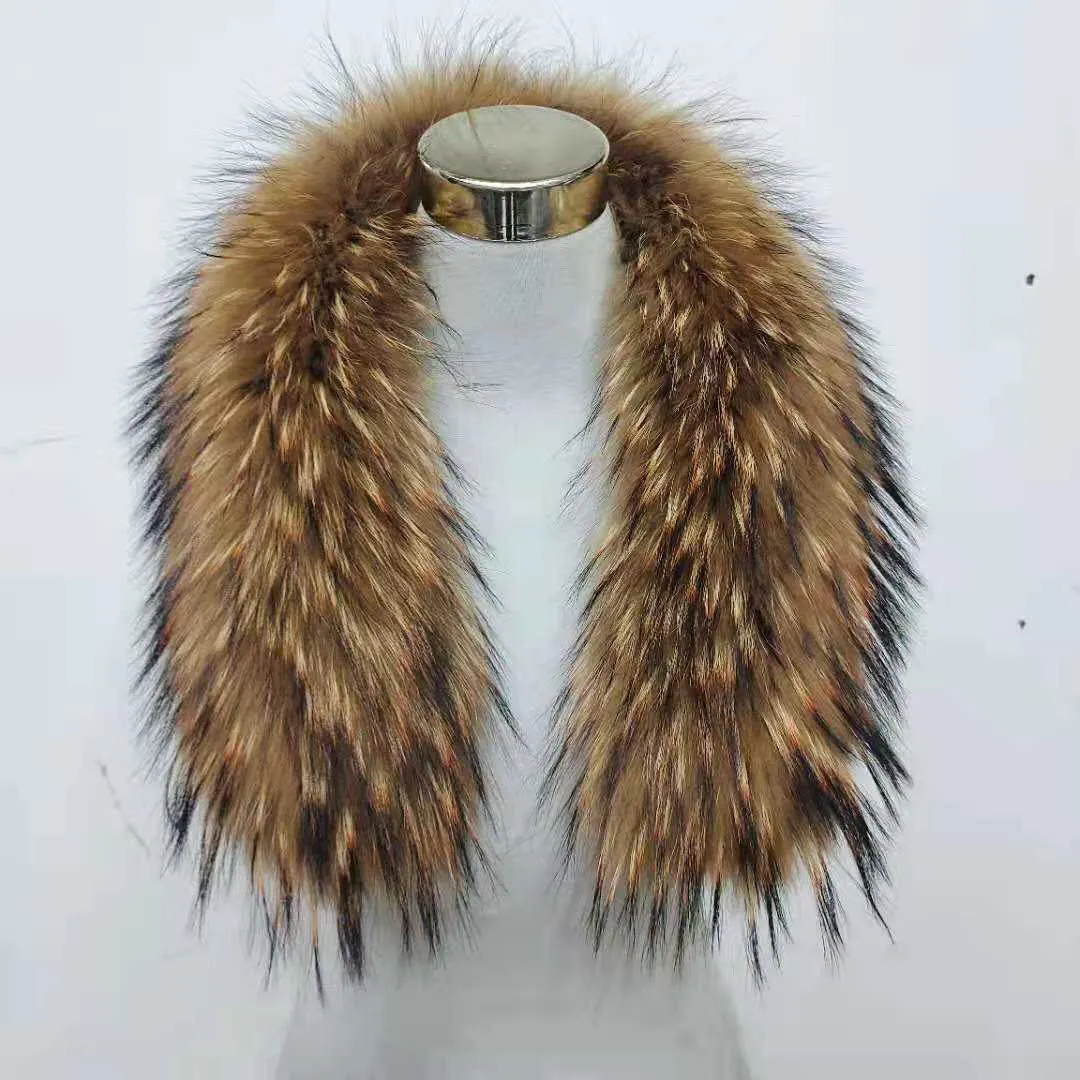 Kvinnor Vinter Real Raccoon Fur Collar 75 * 16cm Brun med Orange Mode Varm Furry Stor Storlek Scarf Sjal Wraps Men Jackor Decor H0923