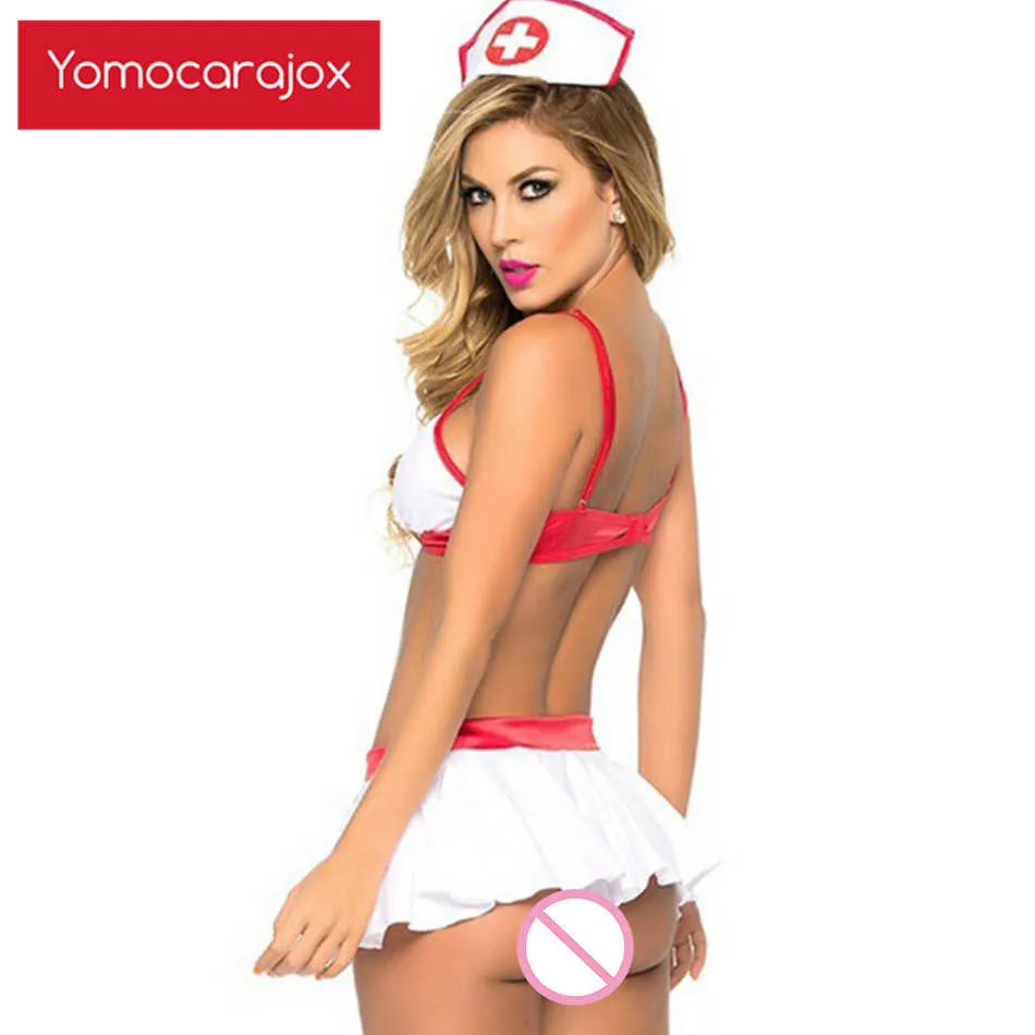 Yomocarajox Sex Porn Femmes Lingerie Sexy Sous-vêtements Chaud Érotique Uniforme Infirmière Cosplay Costumes Creux Halloween Porno Jeu de Rôle Y0827