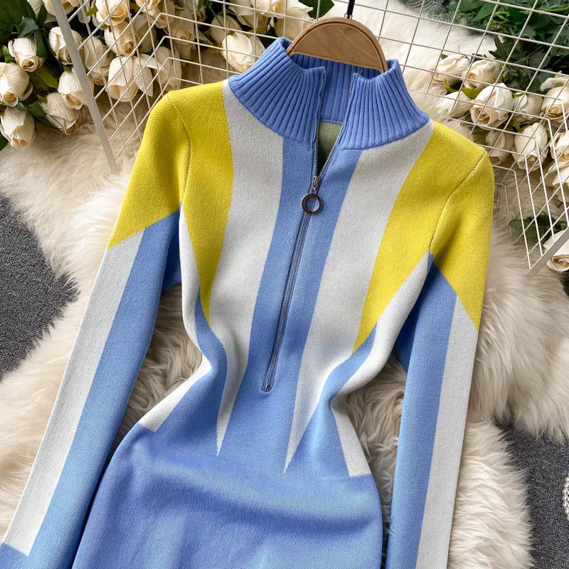 SINGREINY Women Design Knitted Dress Autumn Zipper Stand Collar Long Sleeve Slim Pencil Dress Winter Warm Sweater Short Dresses 210419