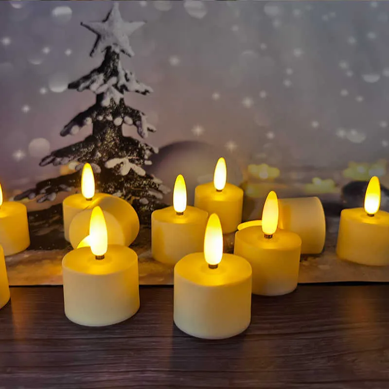 Nieuw 12 oplaadbaar theelichtje met afstandsbediening timer 3D vlamloze flikkering Halloween LED-kaarsen decoratie voor Kerstmis en bruiloft H02643