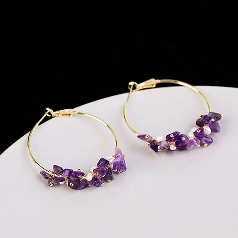 2020 Women Purple Hoop Crystal Natural Stone Pearls Delicate Jewelry Big Bohemia Boho Loop Earrings Girls Party Gift