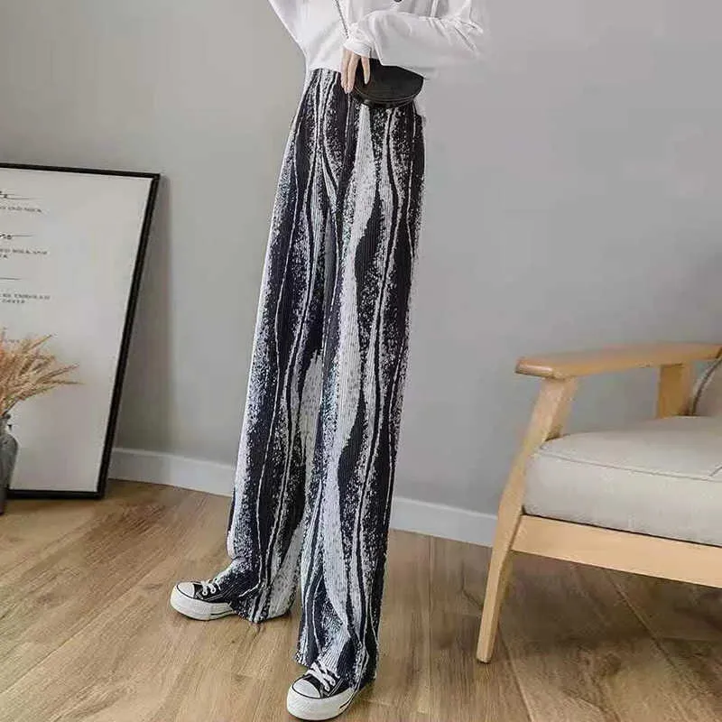 New Summer Fashion Cooling Comfortable Pleated Pants For Women Beautiful Vintage Print Pants Length Pants Q0801