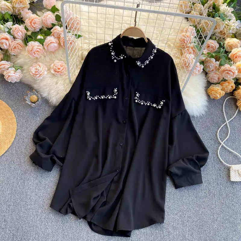 SINGREINY Design Fashion Beading Blouse Women Retro Turndown-Collar Button Puff Sleeve Casual Tops Spring Elegant Office Blouses 210419