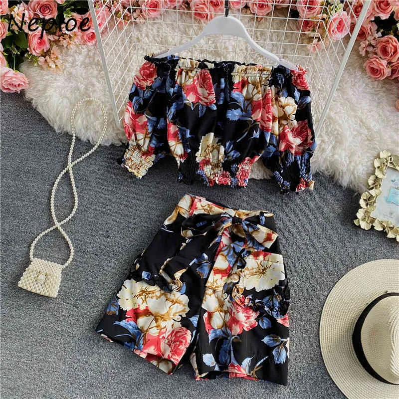 NEPLOE VINTAGE PRINT SLIM 2 STKS Dames Set Slash Hals Schouder Strapless Blouse + Hoge Taille Heup Wide Leg Shorts Holiday Suit 210423